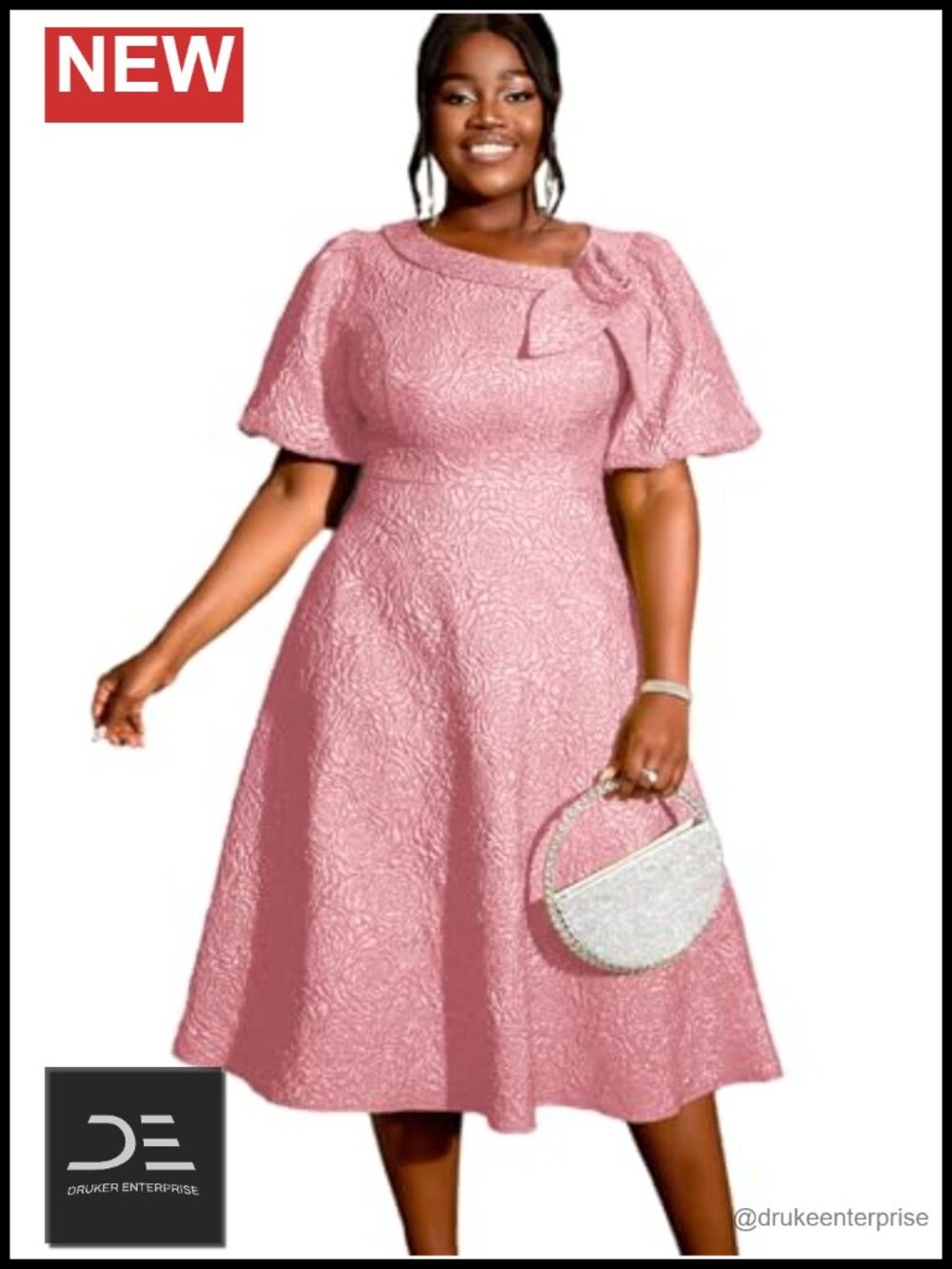 Jacquard A-Line Midi Dress with Flower Irregular Neck Puff Sleeve